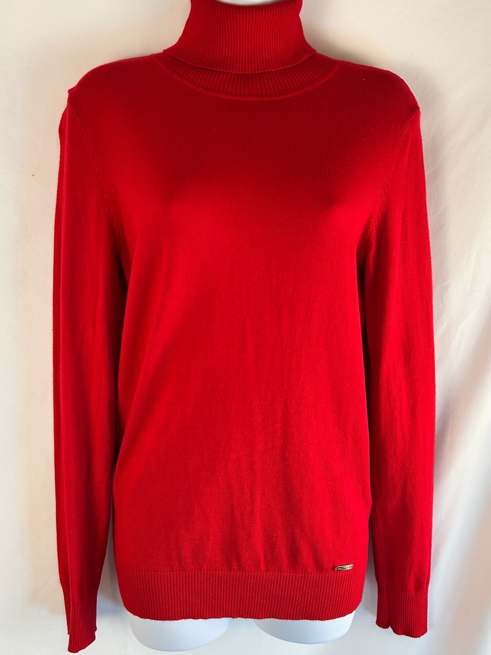 Calvin Klein Red Turtleneck Sweater Gold Logo Size Petite Small